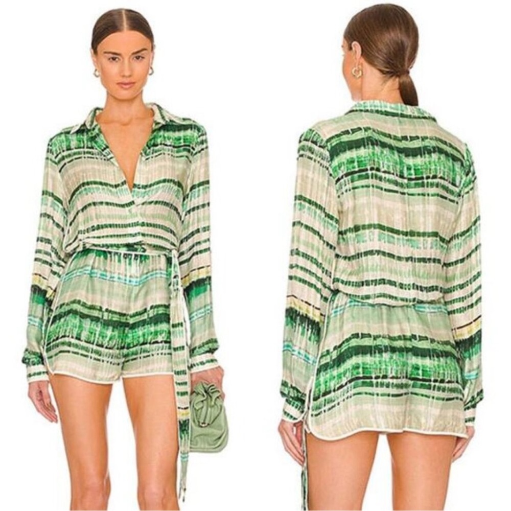 ALEXIS Florentyn Silk Button Down Belted Romper, Emerald